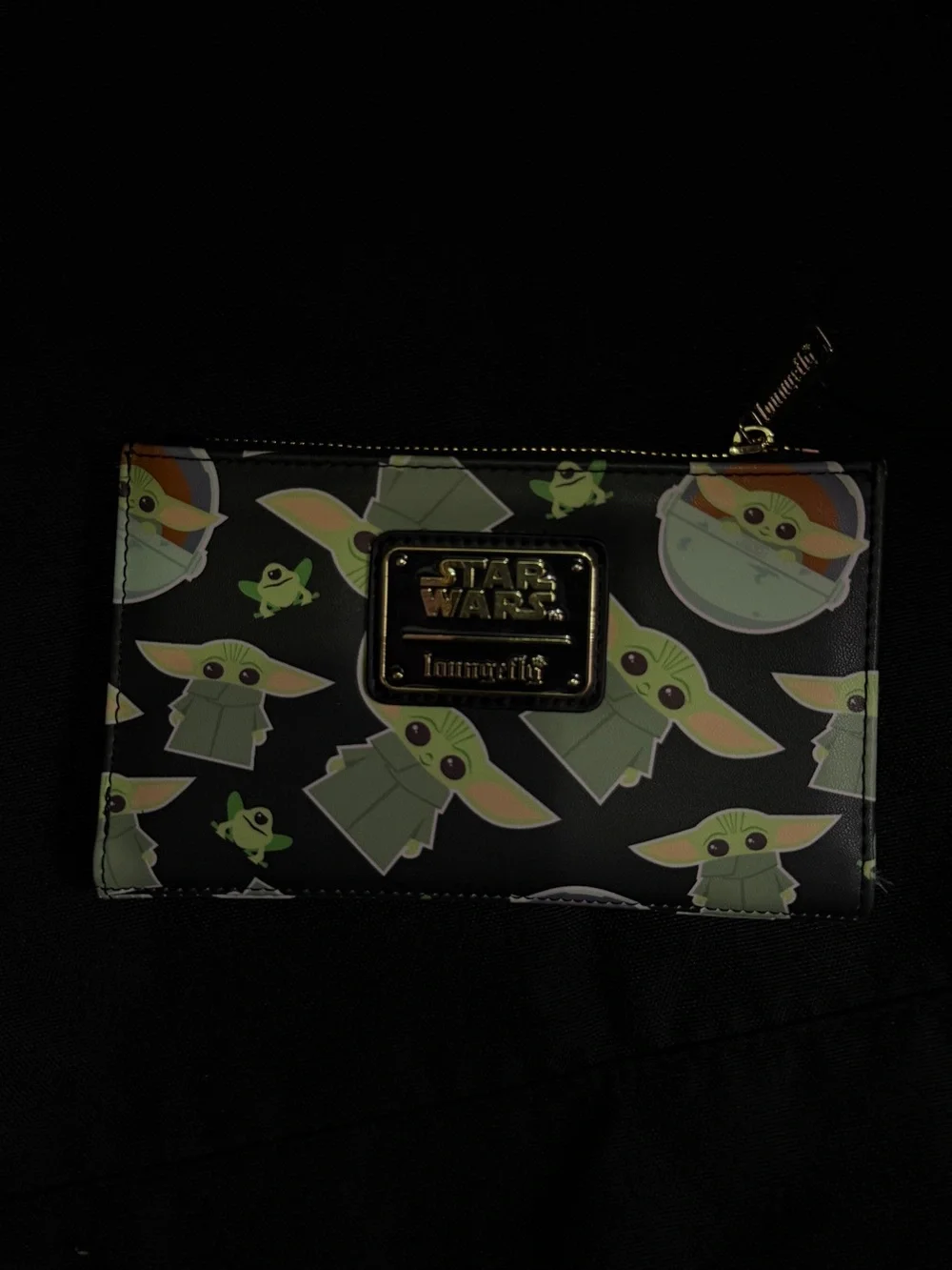 Loungefly Black Grogu Repeat Print Kids Zip Pouch with Gold Plate